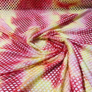 Red/Yellow 4 Way Stretch Fishnet Diamond Tie Dye W/Silver Glitters 58/60" Wide, Fishnet Tie Dye Diamond, Nylon Spandex Fabric