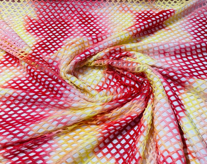 Red/Yellow 4 Way Stretch Fishnet Diamond Tie Dye W/Silver Glitters 58/60" Wide, Fishnet Tie Dye Diamond, Nylon Spandex Fabric