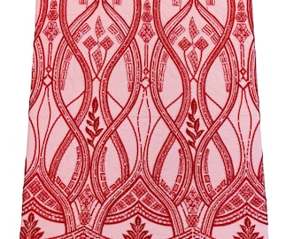Red Fashion Design Bead Damask Fabric, Embroidered Elegant Design With Beads and Sequins on a Mesh Sold By The Yard