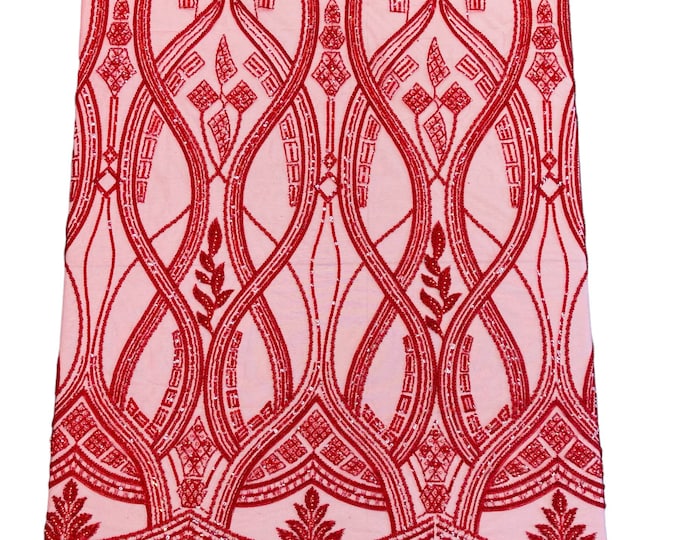 Red Fashion Design Bead Damask Fabric, Embroidered Elegant Design With Beads and Sequins on a Mesh Sold By The Yard