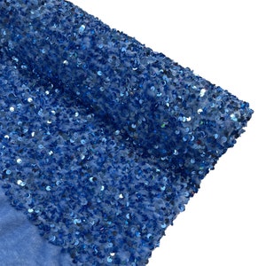 Baby Blue Sequin Fabric on Blue Stretch Velvet - by the yard - all Over 5mm Sequins Velvet 2-way Stretch 58/60”