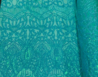 Mint Iridescent Sequin Fabric | Royalty Design 4-Way Stretch Mesh, By The Yard
