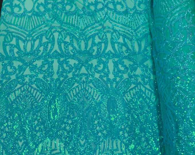 New Mint Iridescent Sequin Fabric | Royalty Design on a 4 Way Stretch Sequins Fabric Mesh-Prom-Gown By Yard