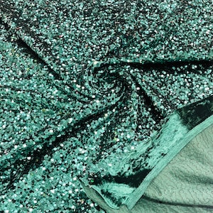 Teal Sequin Fabric: Hunter Green Stretch Velvet, 5mm Sequins - By The Yard