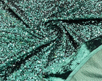 Teal Sequin Fabric: Hunter Green Stretch Velvet, 5mm Sequins - By The Yard