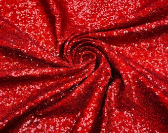 Red Holographic Mini Glitz Sequin Fabric: 4-Way Stretch Spandex, Sold by the Yard