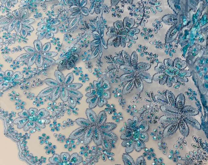 Light Blue Metallic Corded Floral Lace Fabric by the yard: Embroider With Holographic Sequins Fabric