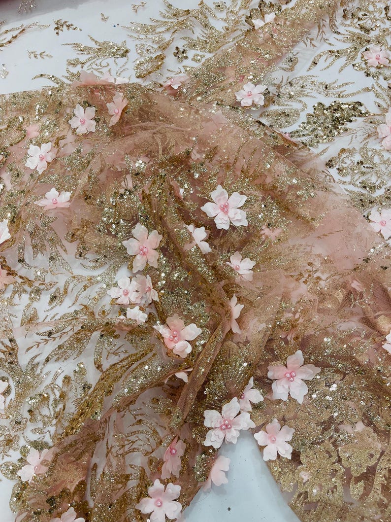 Rose Gold Glitter Floral Mesh, Glitter 3D Flower Sequin Fabric, Wedding ...