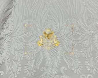 White Sequin Damask Fabric: 4-Way Stretch Spandex Mesh, Prom Gown Fabric By The Yard