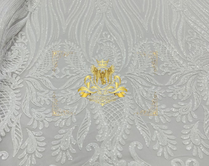White Sequin Damask Design on White Spandex Mesh, Sequins Fabric 4 Way Stretch-Prom-Gown By The Yard