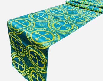 Turquoise Gold Cross Brocade Fabric: Religious Tablecloth Runner, Vestment Material