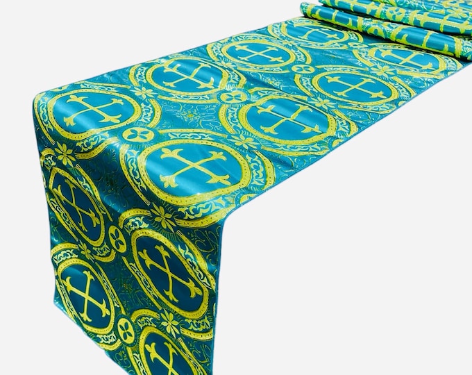 Turquoise Gold Religious Brocade Tablecloth | Liturgical Fabric | Runner Ecclesiastical Jacquard | Church | Vestment - Cross Brocade by Yard