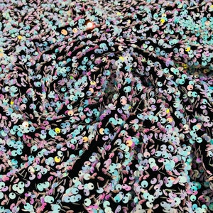 Aqua/Pink Iridescent Sequin Fabric on Black Stretch Velvet - by the yard - all Over 5mm Sequins Velvet 2-way Stretch 58/60”