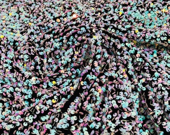 Iridescent Sequin Fabric: Aqua Pink 5mm Sequins on Black Stretch Velvet By The Yard