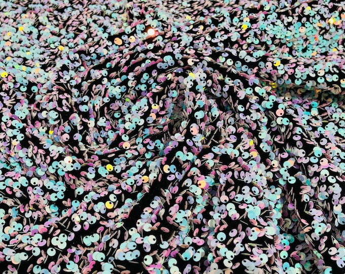 Aqua/Pink Iridescent Sequin Fabric on Black Stretch Velvet - by the yard - all Over 5mm Sequins Velvet 2-way Stretch 58/60”