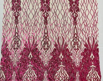 Magenta Sequin Fabric on Nude Mesh - Damask Design 4 Way Stretch Iridescent Sequins Fabric (Pick a Size) by the yard