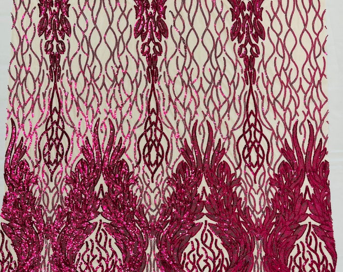 Magenta Sequin Fabric on Nude Mesh - Damask Design 4 Way Stretch Iridescent Sequins Fabric (Pick a Size) by the yard