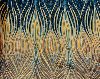 Embroidered Sequins Fabric: Black & Orange Wavy Feather Design - 4 Way Stretch By Yard