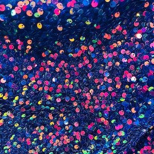 Iridescent Rainbow Sequin Royal Blue Stretch Velvet Fabric