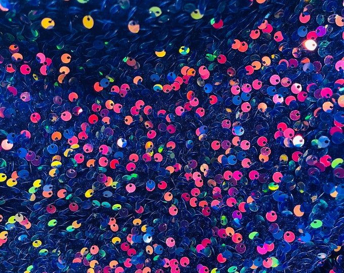 Iridescent Rainbow Sequin on Royal Stretch Velvet With Luxury Sequins all Over 5mm Shining Sequins 2-way Stretch 58/60” (Choose The Size)
