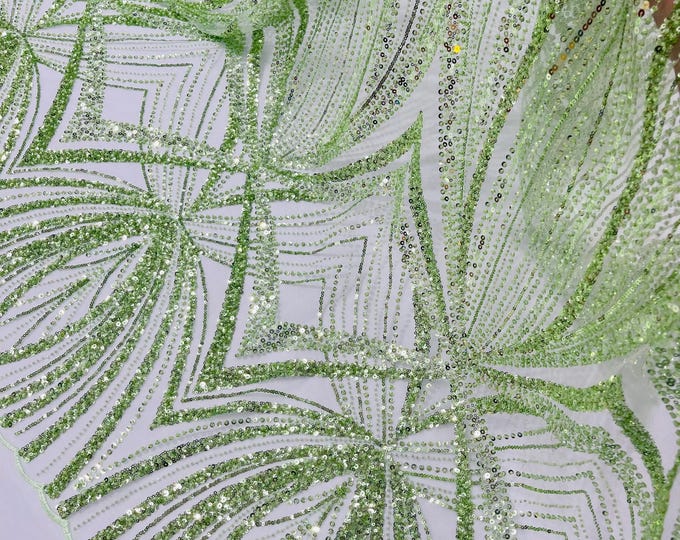 Sage Beaded Lace Fabric: Embroidered Mesh, Bridal Wedding Dress - Sold By The Yard