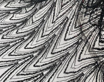 Black Fashion Design Beads and Sequins, Luxury Beaded Fabric Embroidered on a Mesh Lace,Wedding,Bridal,Dress Sold By The Yard