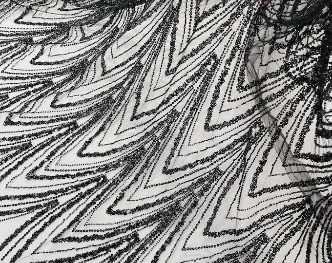 Black Fashion Design Beads and Sequins, Luxury Beaded Fabric Embroidered on a Mesh Lace,Wedding,Bridal,Dress Sold By The Yard
