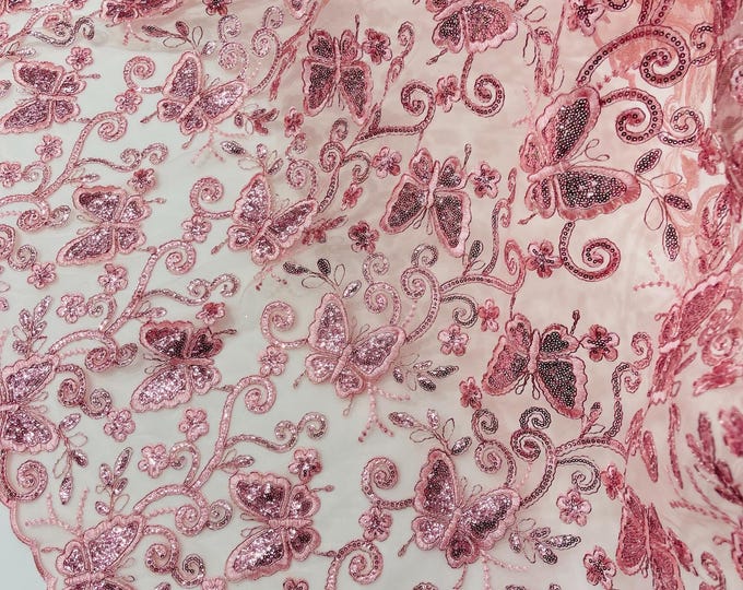 Dusty Rose Butterfly Embroidered Lace Fabric with Metallic Thread & Sequins by yard