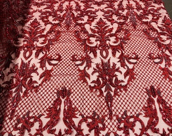 Burgundy Damask Pattern Embroidered With Pearls and Beads on a Mesh - Beaded Fabric - Lace Fabric by the yard