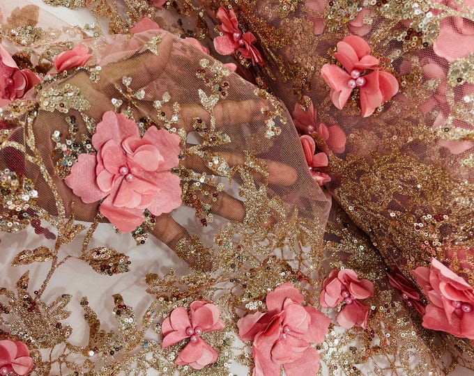 Rose gold Big 3D Flower Glitter Sequin Fabric by the yard, Big 3D Floral Glitter Sequin On Mesh for wedding dress Quinceañera