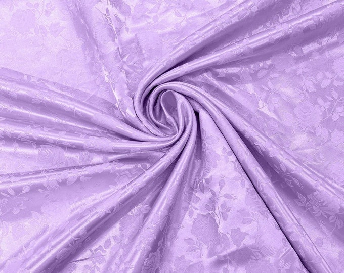 Lavender Flower Brocade Jacquard Satin Fabric, Sold By The Yard Polyester Satin Floral Wide 58/60"  (Choose The Quantity)