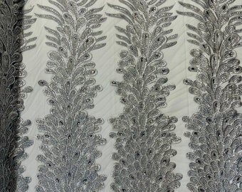 Silver Peacock Feather Beaded Lace Fabric: Vegas Prom Dress Design