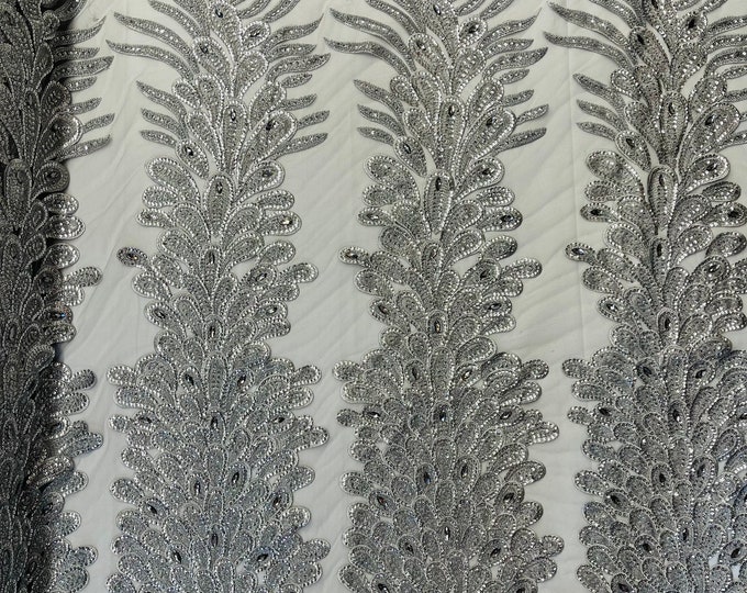 Silver Beaded Peacock Feathers 3D Vegas Design with Embroidered Sequins and Beads On Mesh Lace Fabric for Prom Dress (Choose The Panels)