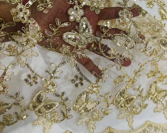 Champagne Butterfly Lace Fabric: Metallic Corded Embroidery with Sequins