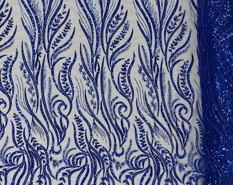 Royal Blue Beaded Fabric by the yard, Embroidered With Beaded Sequin on a Mesh, Floral Bridal Lace Fabric (Pick a size )