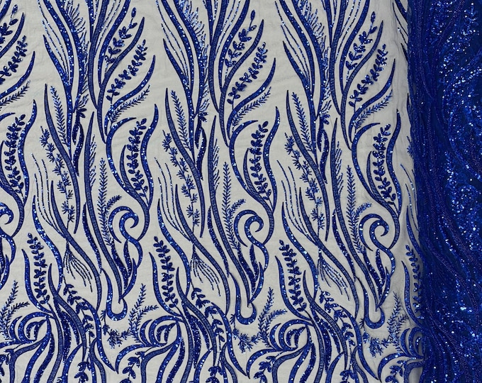 Royal Blue Beaded Fabric by the yard, Embroidered With Beaded Sequin on a Mesh, Floral Bridal Lace Fabric (Pick a size )