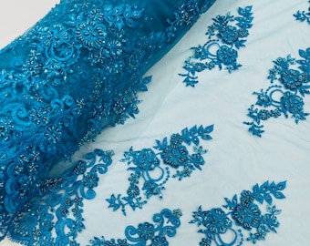 Turquoise Embroidered Floral Beaded Fabric: Bridal Wedding Lace