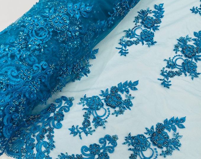 Turquoise Floral Cluster Beaded Fabric - Embroidered Flower Beaded Fabric Wedding Bridal Sold By The Yard
