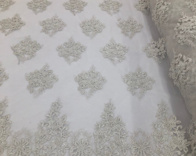 Off White Beaded Fabric, Cluster Bead Fabric Embroidered Flower Beaded Fabric Wedding Bridal Lace Fabric Sold By Yard