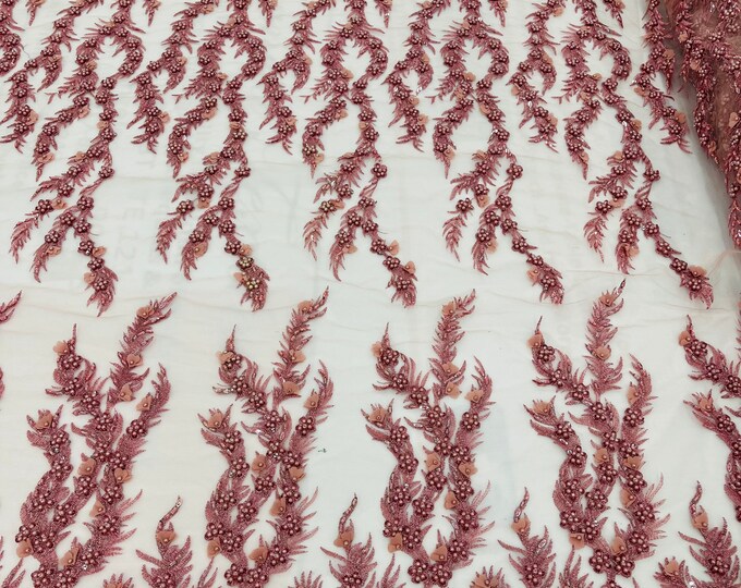Dusty Rose Beaded Fabric - Embroidered Flower Beaded Fabric Wedding Bridal Sold By Yard