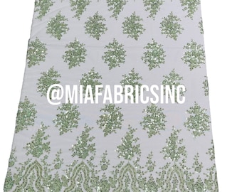 Mint Beaded Lace Fabric: Embroidered Leaf Design, Bridal Wedding Fabric By The Yard