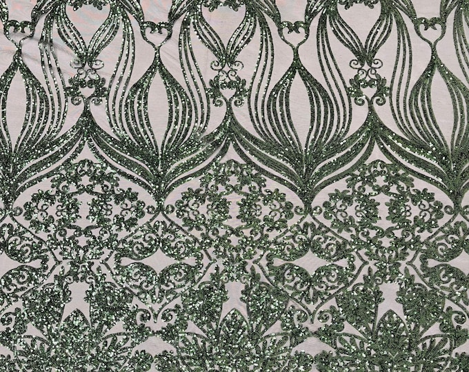 Hunter Green Sequin Fabric by the yard - Damask Design on a Mesh 4 Way Stretch Sequins Fabric Prom-Gown