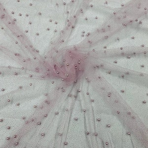 Pink Pearl Glitter Mesh Fabric, 2way Stretch Scattered Pearls Studded with glitter Mesh, sold by the yard (Pick a Size)