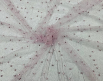 Pink Pearl Glitter Mesh Fabric, 2way Stretch Scattered Pearls Studded with glitter Mesh, sold by the yard (Pick a Size)