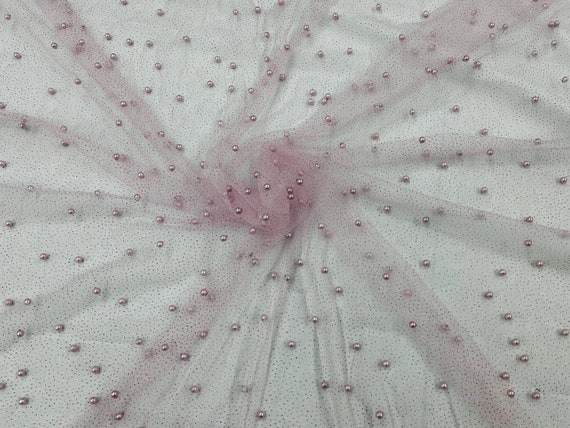 Pink Pearl Glitter Mesh Fabric, 2way Stretch Scattered Pearls Studded with  glitter Mesh, sold by the yard (Pick a Size)