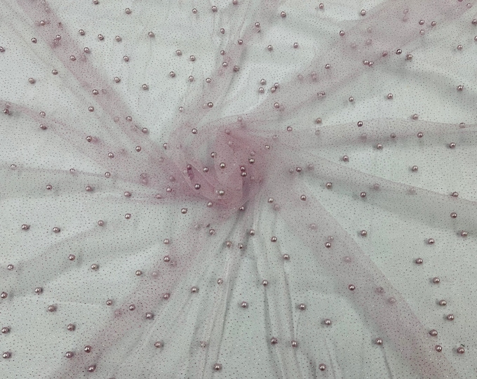 Pink Pearl Glitter Mesh Fabric, 2way Stretch Scattered Pearls Studded with glitter Mesh, sold by the yard (Pick a Size)
