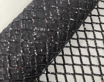 Black Geometric Sequin Fabric, Diamond Design Embroidered Sequins on a Mesh Lace Fabric, Wedding Dress/Prom