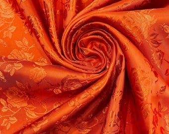 Rust Orange Floral Brocade Jacquard Satin Fabric - 58/60" Wide