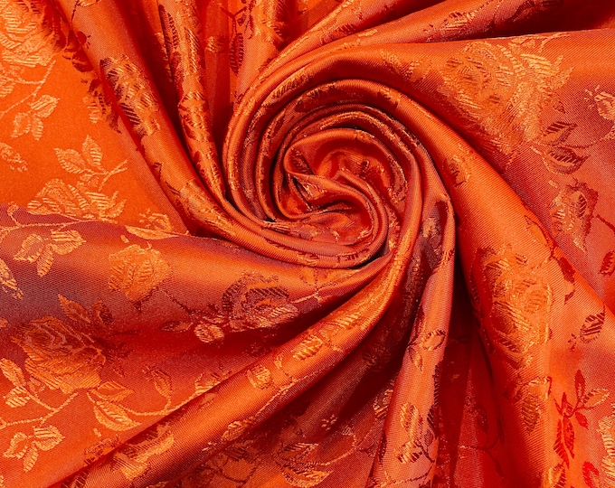 Rust Orange Floral Brocade Jacquard Satin Fabric - 58/60" Wide