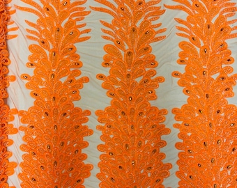 Neon Orange Beaded Peacock Feathers - 3D Vegas Design with Embroidered Sequins and Beads On a Mesh Lace Fabric for Prom Dress ( By Panel )